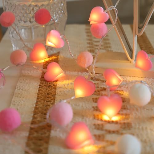 ChiRee 9.85Ft String Lights with 20 Pink Heart LEDs 20 Pink Pom Poms Garland Lights with Timer Valentine Decoration for Home Kid Bedroom Mother's Day Wedding Party Valentine's Day Decor - style: Pink-Pink Heart