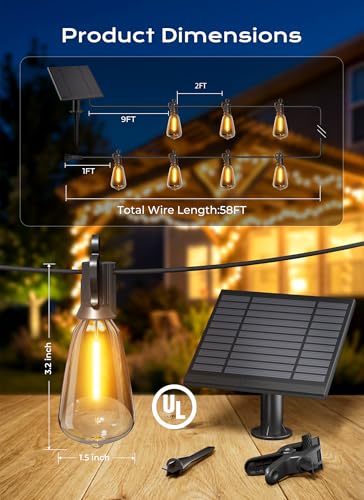 Brightown 58FT Solar String Lights Outdoor Waterproof, Patio Lights with Remote and 25+1 LED Shatterproof Bulbs, Dimmable & Timable, 3 Light Modes, Solar Lights Outdoor for Yard Camping Party Outside - size: 58FT(25 Sockets)
