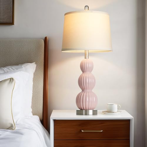 28" Pink Ceramic Table Lamps Set of 2, Modern Bedside Lamps for Night Stands, Triple Gourd Table Lamp for Living Room End Table or Bedroom Nightstand (2 LED Bulbs Included) - color: Pink - 28"H