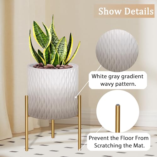 ARNIS Plants Pots with Stand, Set of 2 Indoor Planter Pots, Unique Mid Century Decorative Metal Flower Pots with Drainage,8.25 & 10.5 Inch, Grey and White - color: Grey & White, size: 8.25 &10.5