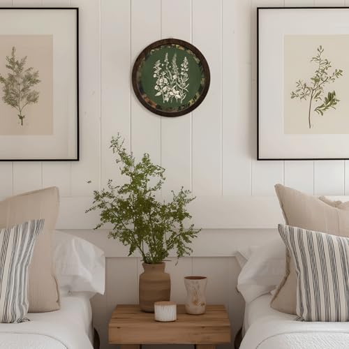 PeakClub Vintage Floral Wall Art, Green Botanical Round Wooden Print Hanging Decor for Kitchen Bathroom Home Bedroom, Cottage Antique Floral Decor 10x10 Inch - color: Floral - Vintage Green