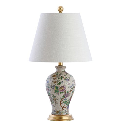 JONATHAN Y 24" Multi-Colored/Gold French Country Ceramic Floral Urn Table Lamp, White Linen Shade, Chinoiserie Ginger Jar Bedside Lamp for Living Room Bedroom, LED Bulb JYL3009A - color: Multicolor