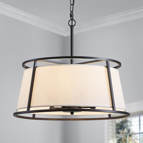 Shrine Lighting Drum Chandeliers, Modern Style, Perfect Pendant Light Fixture for Dining Room, Living Room, D20'' x H9'', Adjustable Chains 59'', E12*4 Sockets, White Lampshade & Black Finish Frame - color: Black D19.7''
