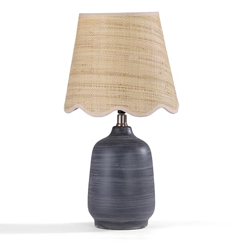Pia Ricco 19" Modern Ceramic Table Lamp for Living Room Cream Base Desk Lamps for Bedroom Farmhouse Bedside Nightstand Lamp End Table Lamps,White Striped Black Base,Rattan Shade - color: White Striped Black Base
