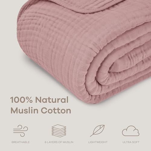 Comfy Cubs Muslin Throw Blanket - 50” x 60” Quilted Design - Lightweight, Breathable 6-Layer Gauze Fabric - Soft Cotton Blanket for Home or Travel - Packaged in Elegant Gift Box - Mauve - color: Mauve, size: Throw - 50" X 60"