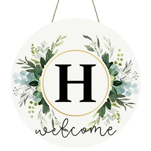 Monogram Letter H Wreaths for Front Door Wreath Wooden Welcome Sign for Front Door Decor Floral Family Last Name Initial House Warming Spring Summer Porch Rustic Wall Home Kitchen Boho Decorations - color: Letter H