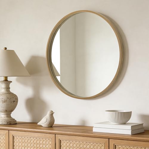 WallBeyond Round Mirror with Wood Frame, 28" Circle Modern Decoration Large Home Decor Mirror for Bathroom Living Room Bedroom Entryway (28" Diameter, Natural Wood) - color: Natural, size: 28"L x 28"W