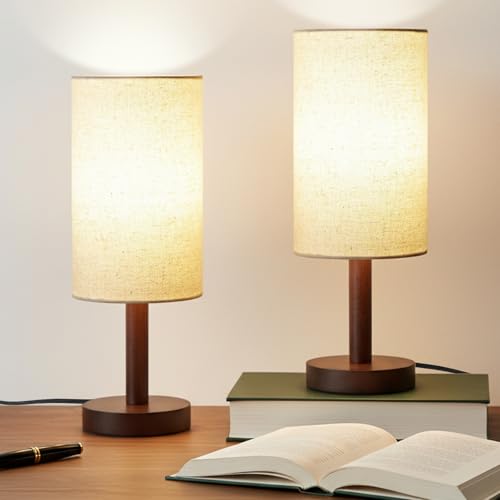 LALISU Small Table Lamp Nightstand Lamp Linen Lampshade Bedroom Wood Base Small Bedside Lamp for Night Stands, Desk Lamps for Reading Living Room, Office (LED Bulb Included) (Black-Walnut Wood（2）) - color: Black-Walnut Wood（2）