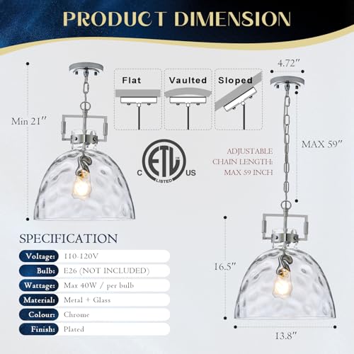 Glass Pendant Light, 13.8 Inch Single Hanging Ceiling Light with Adjustable Chain, E26 Base Oversized Hammered Clear Glass Kitchen Island Pendant Lighting in Polished Chrome for Dining Room, Entryway - color: Large Chrome
