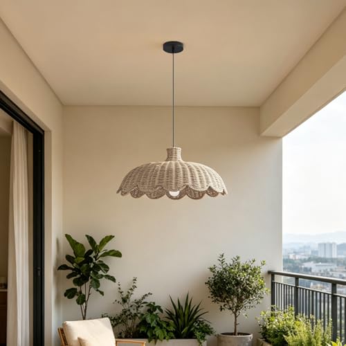 MIXL-Rattan Woven Pendant Light,Scalloped Shade Small Hanging Light,Rustic Kitchen Island Lighting,Boho Style Pendant Lamp for Living Room Bedroom - color: 18.11 Inches
