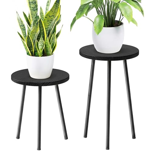 Plant Stand Indoor Tall: Corner Wood Plant Stand 2 Pack Mid Century Modern Decor - Small Round Plant Table for Indoor Plants - Outdoor Plant Holder for Patio Living Room Bathroom Office (Black) - color: Black, size: 14"&20"