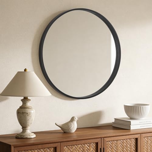 WallBeyond Black Round Mirror Wood Framed 28 inch Circle Wall Mirror for Bathroom Round Wall Mirror for Wall Decor, Vanity, Entryway Living Room - color: Black, size: 28"L x 28"W