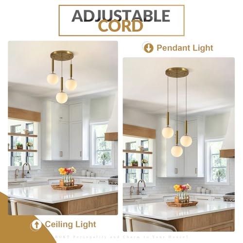 BOKT Modern 3 Light Cluster Pendant Lights Kitchen Island Mid Century Adjustable Brushed Gold Globe Chandelier Pendant Light Fixture Retro Vintage Milk White Glass Round Multi Hanging Ceiling Light - color: Gold-3Light