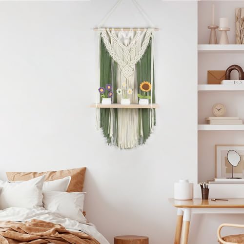 HVEST Green Macrame Wall Hanging Shelf Boho Wall Decor Floating Storage Book Shelf Green and Beige Handmade Tapestry Woven Wall Art for Bedroom Living Room Dorm Nursery Bathroom Macrame Plant Hanger - color: Green Beige