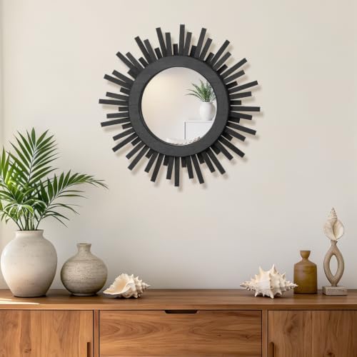 12 Inch Boho Sunburst Mirror, Round Wooden Wall Decor Starburst Sun Mirror for Bedroom, Living Room, Bathroom, Hallway, Balcony, Farmhouse Entryway, Housewarming Gift（Black - color: Black, size: 12"L x 12"W