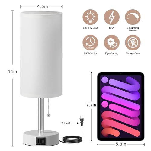 Dicoool Small Bedside Table lamp for Bedroom - 3 Color Modes, Desk Lamp with USB-C and USB-A Charging Ports, Pull Chain, Nightstand Light for Office, Kids Room, Dorm Lamp - color: White-White