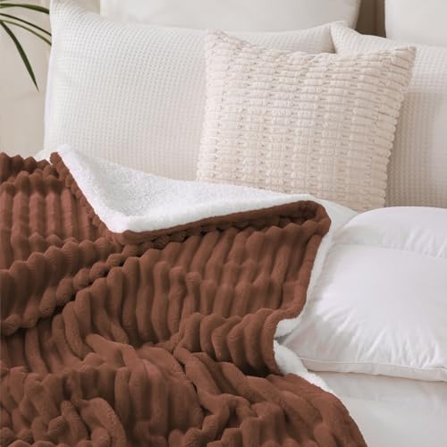 Chocolate Sherpa Fleece Throw Blanket 60”×80” for Couch Sofa Bed,Super Soft Cozy Plush Double Side Thick Flannel Blanket with Striped Design Lightweight for Adults,Woman,Girls - color: Chocolate, size: 60×80inch