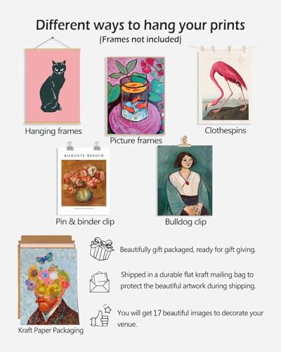KBKBART Set of 17 Eclectic Wall Art Prints, Colorful Maximalist Wall Decor Canvas Boho Gallery Prints Collage, Vintage Famous Artists Painting Pictures Aesthetic Poster for Funky Room Decor, Eclectic Home Decor for Bedroom Dorm - Unframed - color: Eclecti