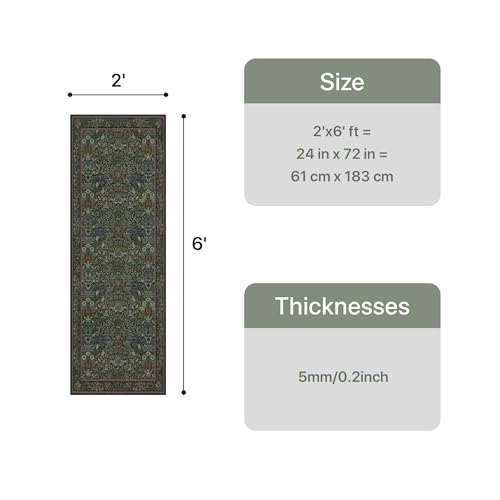 Bavni Boho Floral Kitchen Runner Rug 2x6, Washable Non Slip Thin Carpet for Hallway Bathroom Laundry Room, Ultra Soft Botanical Runner for Entryway, Modern Indoor Floor Decor, Dark Green - color: Dark Green, size: 2' x 6' (Rectangular)
