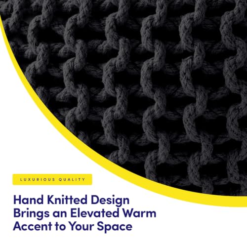 Pouf Ottoman Foot Rest Stuffed – 20” Diameter x 14” Tall Cozy Floor Pouf for Living Room, Bedroom, Nursery & More – 100% Cotton Knit Shell, EPS Bead Filled Footrest & Accent Chair, Black - color: Black