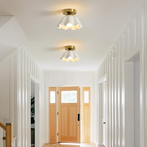 Glaze Ceramic Semi Flush Mount Ceiling Light - 2 Pack, Vintage Gold Hallway Light Fixtures, Flower White Globe Ceiling Lights, Mid Century Small Light Fixture for Cottage Entryway Laundry Room Foyer - color: Glaze Flower Ceramic-Gold