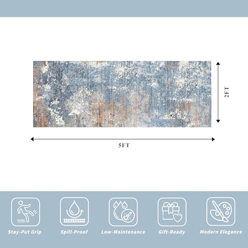 2x5 Washable Kitchen Rug Runner – Non-Slip Abstract Modern Neutral Small Rug for Bathroom, Hallway, Bedroom, Laundry Room, Entryway – Soft Low-Pile Thin with Rubber Backing (Blue Rust, 2x5) - color: Blue Rust, size: 2' x 5' (Rectangular)