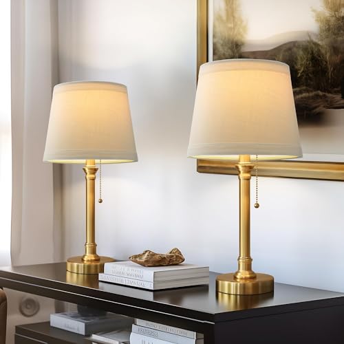 Oneach Modern Gold Brass Table Lamp Set of 2 for Bedroom Living Room 19.5'' Traditional Bedside Desk Nightstand Buffet Candlestick Samll Lamps with White Drum Shade - color: Gold
