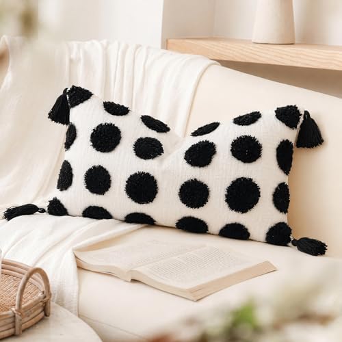 PANOD Super Soft Farmhouse Decorative Plush Throw Pillow Covers 12 x 20 Black,Solid Pom pom Tufted with Tassels Modern Accent Boho Lumbar Cushion Cover Pillow Case for Couch Sofa - color: Black, size: 20" x 12" (Pack of 1)