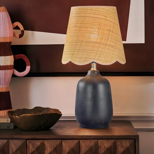 Pia Ricco 19" Modern Ceramic Table Lamp for Living Room Cream Base Desk Lamps for Bedroom Farmhouse Bedside Nightstand Lamp End Table Lamps,Black,Rattan Shade - color: Black Base