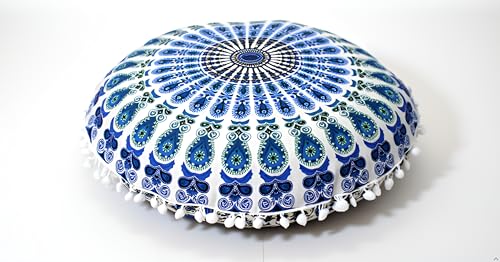 Round Mandala Floor Pillow Cover Seating Cushion Throw Cover Hippie Decorative Bohemian Ottoman Pouf Cover, Pom Pom Pillow Cases,Boho Indian 22 Inches (Sky)