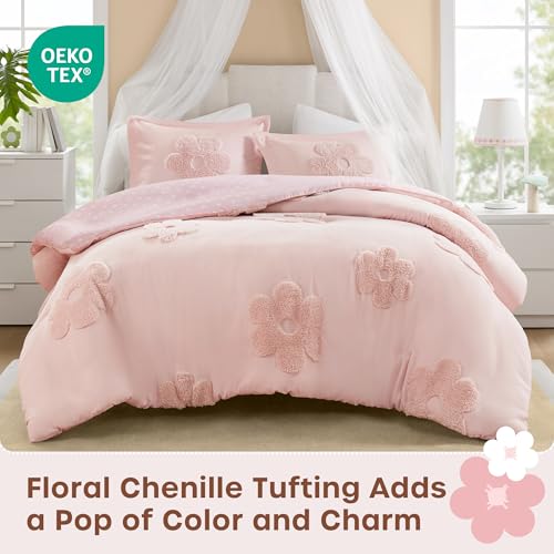 Intelligent Design Kids Queen Duvet Cover Set for Girls, Tufted Chenille Floral Duvet Set Queen, Lightweight Polka Dot Duvet Reversible Bedding Cover, Sham, Pillow, Gracie, Full/Queen Pink 3 Piece - color: Pink, size: Full/ Queen