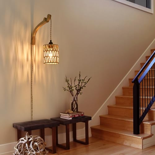 Plug in Wall Sconce,Farmhouse Wicker Wall Lamp Plug in,Hand Woven Rattan Wall Light Farmhouse Rustic Boho Sconces Wall Lighting for Living Room Bedroom - color: Wood+Rattan, size: 1 PACK