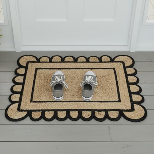 Braided Scalloped Jute Rug Natural with Black Trim, Handmade Farmhouse Boho Area Rug for Entryway, Kitchen, Hallway, Living Room, Bedroom, Rustic Woven Floor Rug - (Black- 2X3 ft) - size: 2' x 3' (Rectangular)