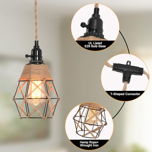 3-Light Hanging Light with Plug in Cord,Plug in Pendant Light 22ft Hemp Rope Pendant Lighting Vintage 3-Light Hanging Lamp Fixtures for Kitchen Island Living Room Bedroom - color: 3 Light Copper