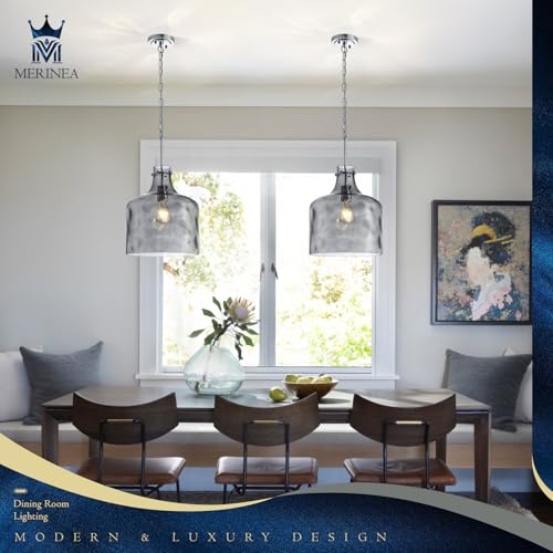 Farmhouse Pendant Light – Hand-Blown Smoked Gray Hammered Glass Shade, Polished Chrome Finish, E26 Socket, Adjustable Chain Hanging Fixture for Kitchen Island, Dining Room & Hallway, 15" H x 12" D - color: Chain Smoked