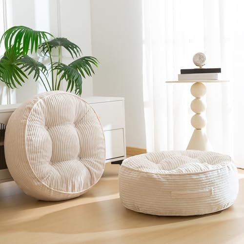 HIGOGOGO 8" Extra Thick Floor Pillow Cushion for Adults, Meditation Cushion Pillow, Large Round Floor Sitting, Tufted Corduroy Cover, for Tatami Living Room or Yoga, 22x22 Inch, 2Pack, Beige - color: Round Beige, size: 8" Thick(Pack of 2)