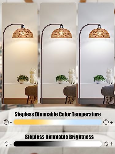 Brilvibera Boho Floor Lamp with Remote – Bronze Tall Lamp with Stepless Dimmable Bulb and Adjustable Rattan Shade for Living Room, Bedroom, Office - style: Bronze Rattan Standing Floor Lamp