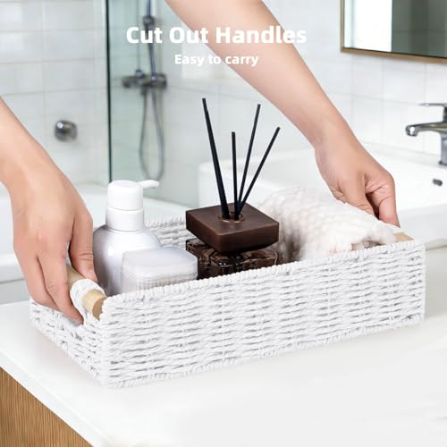 CubesLand Back of Toilet Storage Basket for Organizing w/Cut Out Handle, Handwoven Toilet Tank Top Paper Baskets, Small Wicker Decorative Basket for Countertop, Home, Living Room, Nursery, White - color: White, size: S-12.99" (L) X 6.29" (W) X 3.15" (H)
