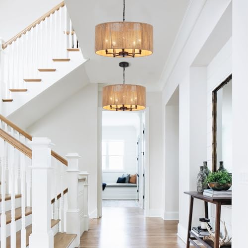 5-Light Boho Rattan Chandelier, 19'' Large Farmhouse Chandeliers Hand Woven Rattan Pendant Light Fixture, Black Wicker Chandelier for Dining Room Foyer Entryway Hallway Bedroom Kitchen Living Room - color: 5-Light Black