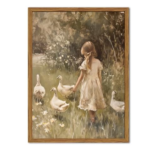 Framed Vintage Wall Art, Rustic Cute Girl with Duck Pictures Wall Decor, Farmhouse Cottagecore Paintings Country Nature Animal Canvas Prints for Living Room Bedroom Home 12x16 inch - color: Girl and Geese, size: 16"L x 12"W