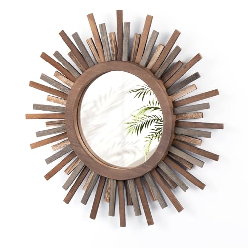 18 Inch Boho Sunburst Mirror, Decorative Rustic Farmhouse Wall Decor for Living Room, Bedroom, Bathroom, Hallway - Tricolor Wood Frame - color: Trilcolor, size: 18"L x 18"W