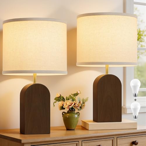 EJIAXIN Wood Table Lamps Set of 2-19" Walnut Farmhouse Bedside Lamp with Adjustable Color Temperatures - Modern Rustic Linen Lampshade Nightstand Lamps for Bedroom Living Room Office, Bulbs Included - color: Walnut