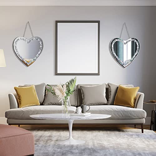 DMDFIRST Heart Shaped Silver Glass Mirror 2 Pack 12x12inch Crystal Crush Diamond Decor Chain Mirror for Wall Decoration - size: 2 PACK 12x12 inch