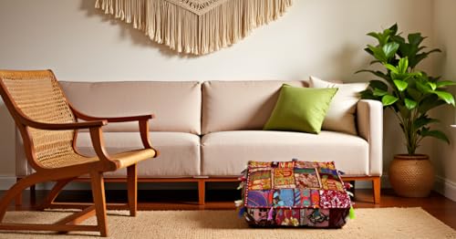CRAFT KALA Indian Square Patchwork Traditional Pouf Cover Indian Living Room Poufs Decorative Embroidered Designer Ottoman Home Living Footstool Chair Cover Decor Pillow Cover 18x18x5 inches, Brown - color: Brown, size: 18"D x 18"W x 5"H