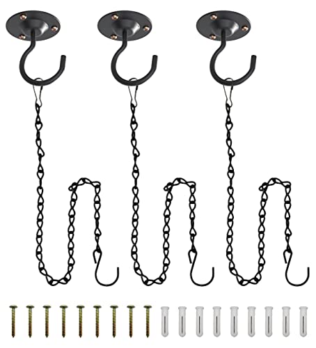 NACETURE Ceiling Hooks for Hanging Plants 3 Pack - Plant Hanger Indoor Hanging Hooks Metal Plant Bracket Iron Lanterns Hangers for Wind Chimes (Black 3 Pack + Chain) - color: Black 3 Pack + Chain