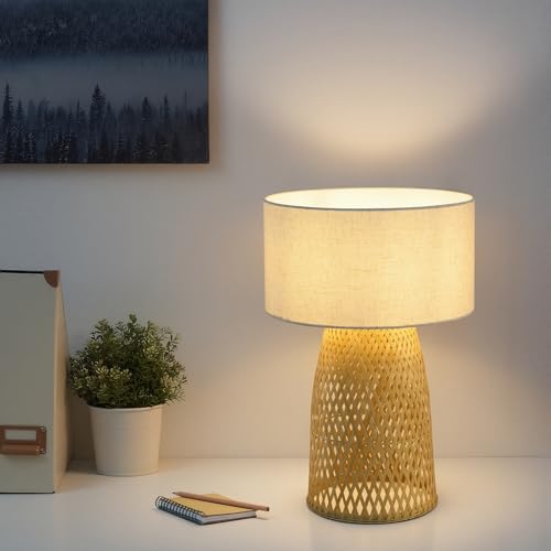 Boho Bamboo Table Lamp, Handwoven Bedside Lamp with Linen Shade, Small Natural Weave Nightstand Light for Living Room, Tea Room, Desk,Beige - color: Beige