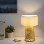 Boho Bamboo Table Lamp, Handwoven Bedside Lamp with Linen Shade, Small Natural Weave Nightstand Light for Living Room, Tea Room, Desk,Beige - color: Beige
