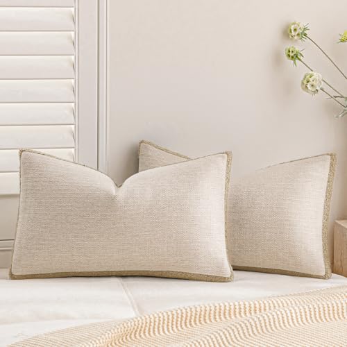 a moment Loop Yarn Linen-Like Pillow Cover Natural Soft Decorative Throw Pillow Case Farmhouse 12x20 Inch, Bohemian Textured Cushion Cover for Sofa Bed, Wrinkle-Resistant Home Decor Beige - color: Beige, size: 20" x 12" (Pack of 2)