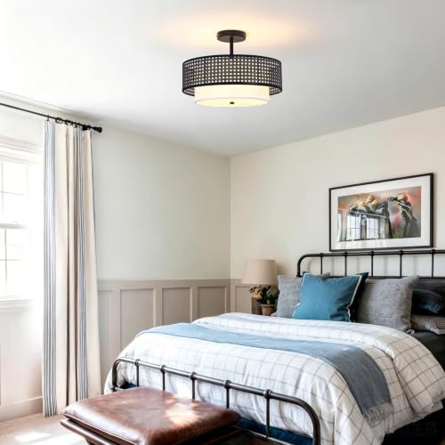 16" Black Rattan Ceiling Light - Bohemian Handwoven Double Drum Pendant, Semi-Flush Mount Light Fixture for Living Room, Bedroom, Dining Room & Kitchen - color: 16'' Rattan&Hemp rope Black