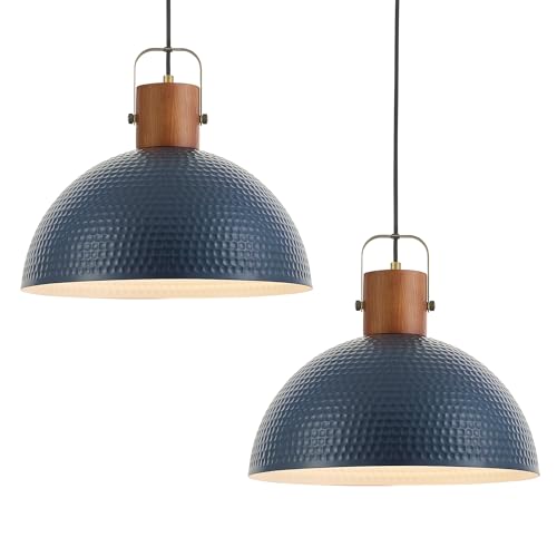 ELYONA 2 Pack Large Ash Wood Pendant Light Fixtures 16 Inch Hammered Metal Dome Hanging Lamp with Brass Handle Chandeliers for Farmhouse Kitchen Island Dining Room Sink Bedroom Hallway, Modern Blue - color: Blue - 2 Pack